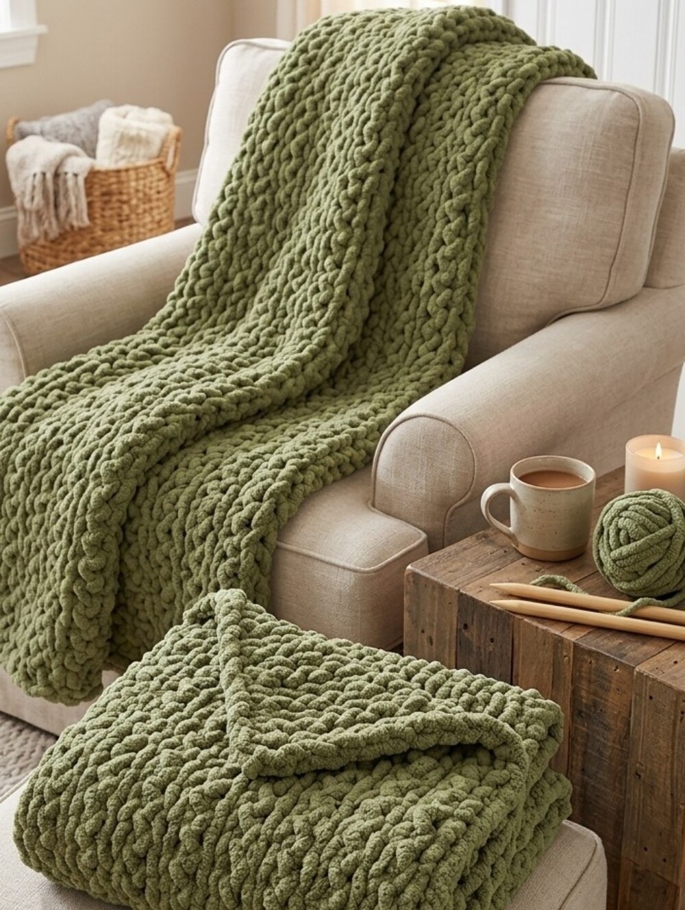 Chunky Hand knit throw-Olive Green